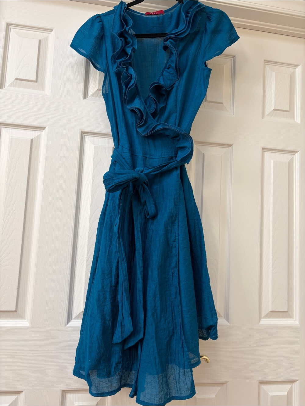 Women’s Turquoise Ruffle Wrap Midi Dress with Tie Waist